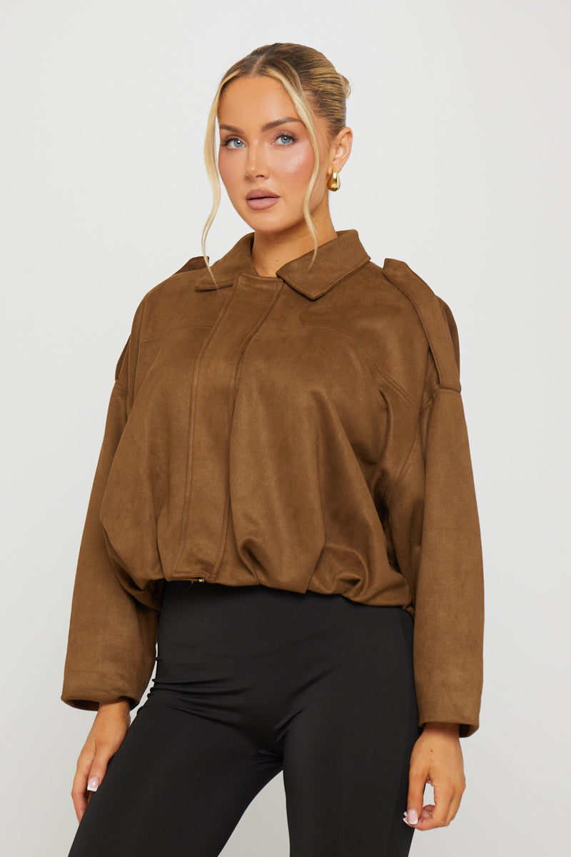 Women's Oversized Dark Brown Suede Bomber Jacket - Carters Outlets