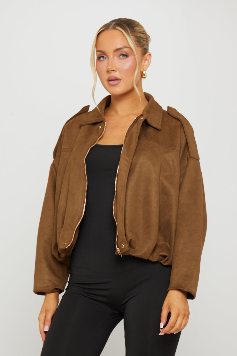 Women's Oversized Dark Brown Suede Bomber Jacket - Carters Outlets