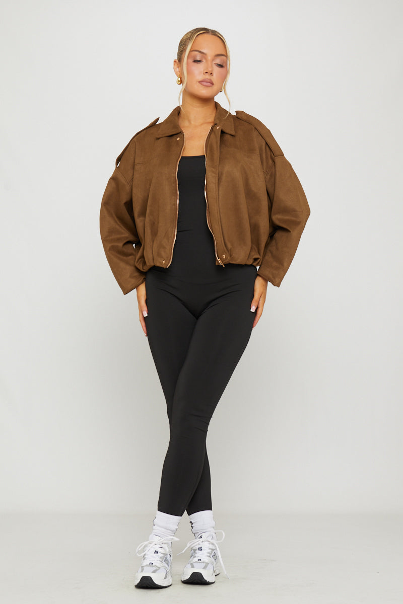 Women's Oversized Dark Brown Suede Bomber Jacket - Carters Outlets