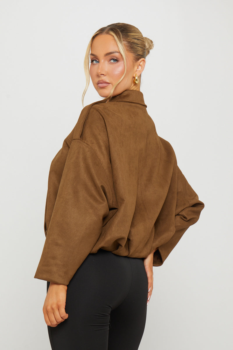 Women's Oversized Dark Brown Suede Bomber Jacket - Carters Outlets