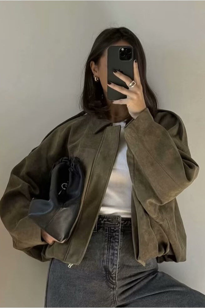 Women's Oversized Khaki Suede Bomber Jacket - Carters Outlets