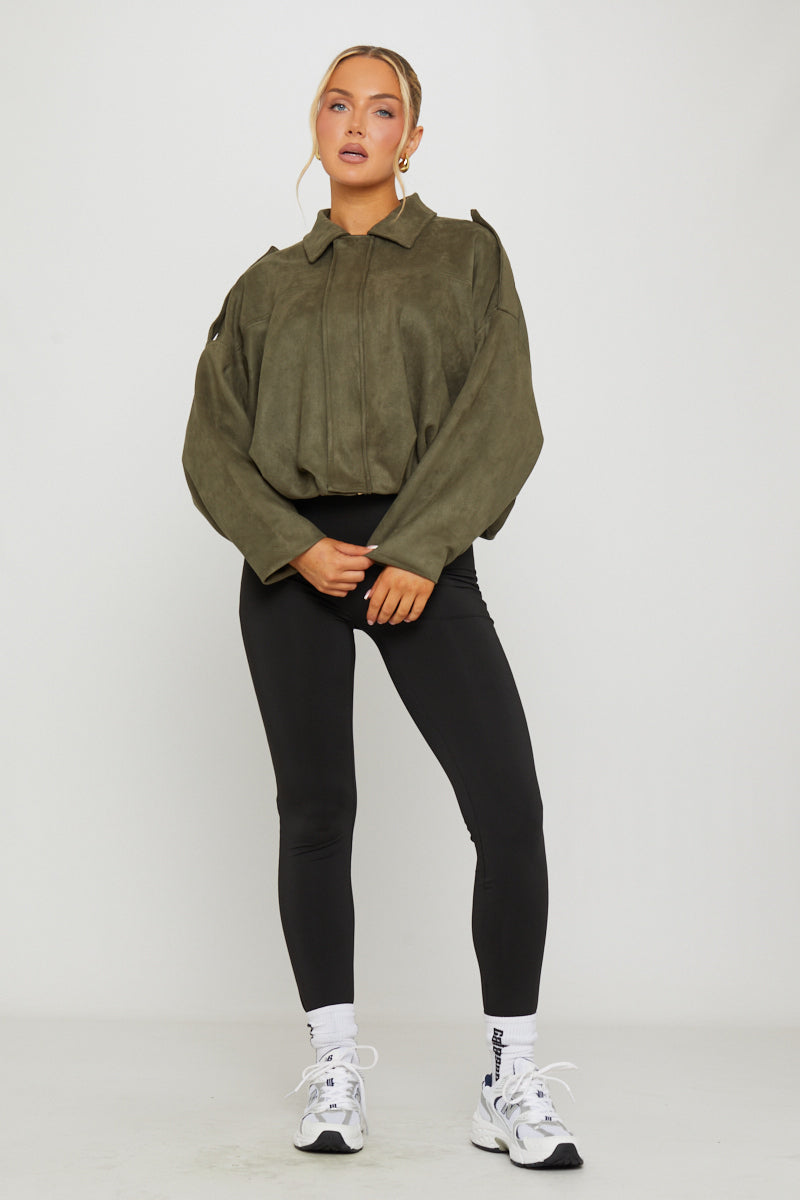 Women's Oversized Khaki Suede Bomber Jacket - Carters Outlets
