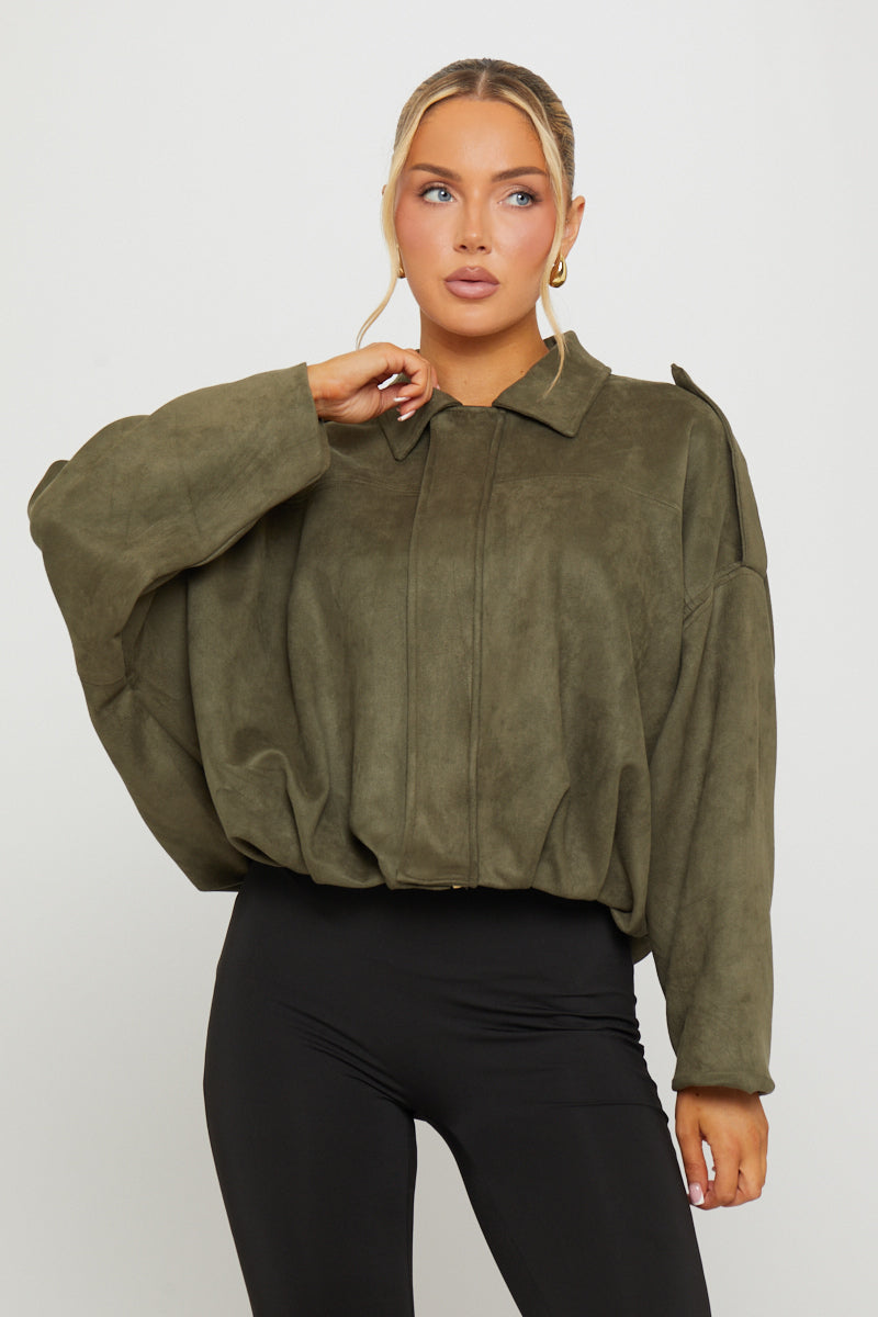 Women's Oversized Khaki Suede Bomber Jacket - Carters Outlets