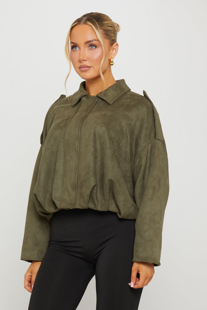 Women's Oversized Khaki Suede Bomber Jacket - Carters Outlets