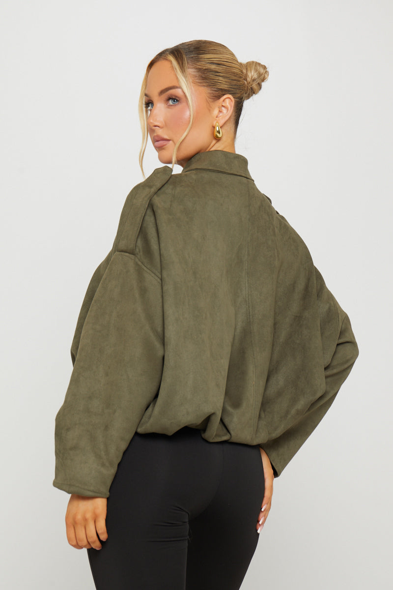 Women's Oversized Khaki Suede Bomber Jacket - Carters Outlets