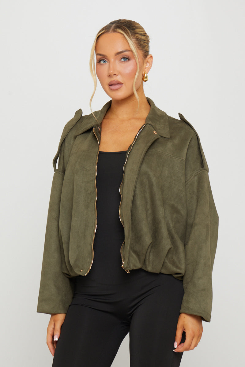 Women's Oversized Khaki Suede Bomber Jacket - Carters Outlets