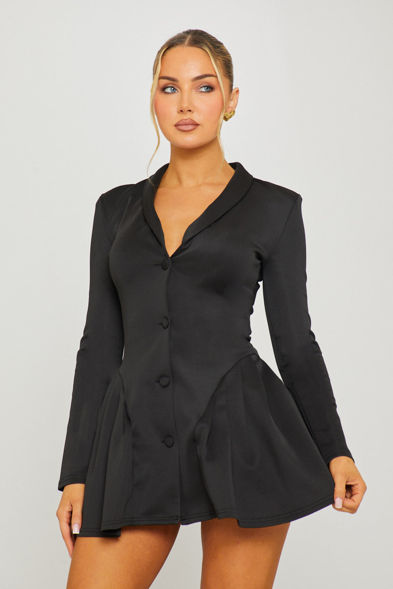 Women's Black Pleated Blazer Dress with Button Front and Long Sleeves - Carters Outlets