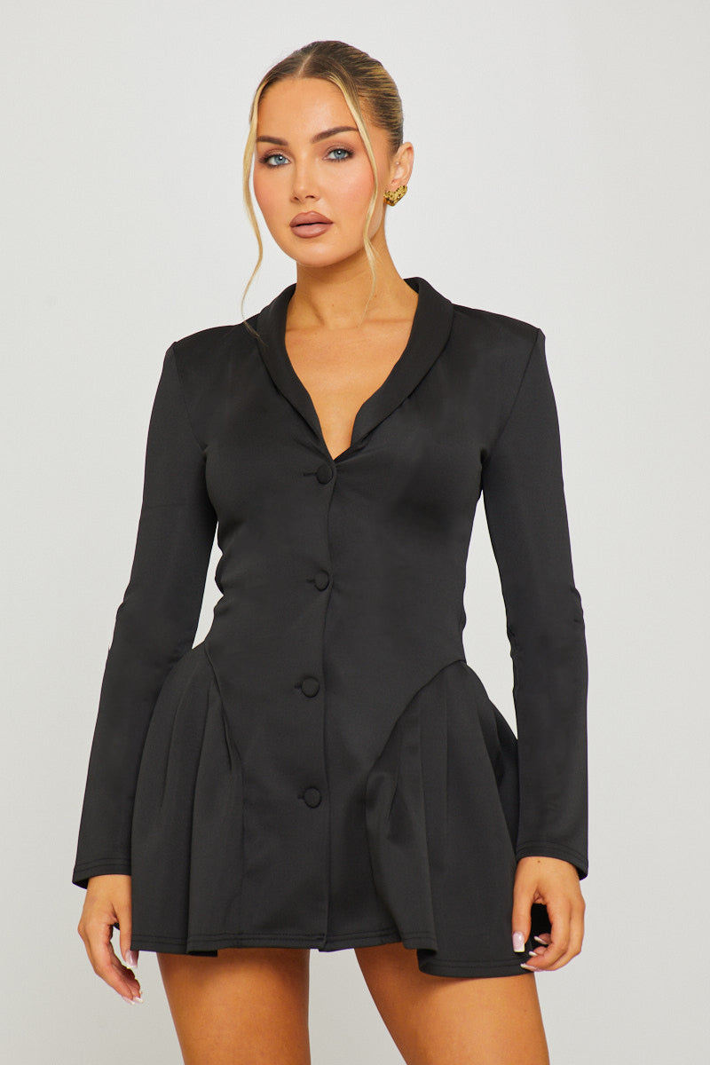 Women's Black Pleated Blazer Dress with Button Front and Long Sleeves - Carters Outlets