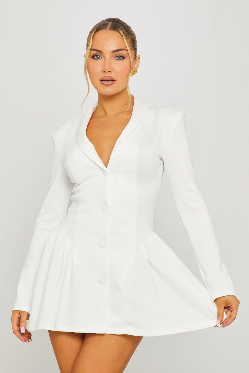 Women's White Pleated Blazer Dress with Button Front and Long Sleeves - Carters Outlets