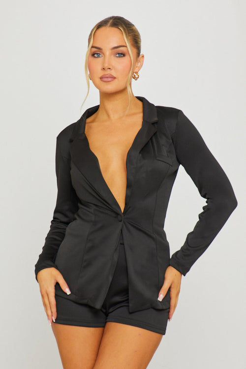 Women's Black Long Sleeve Plunge Blazer & Shorts Set - Carters Outlets