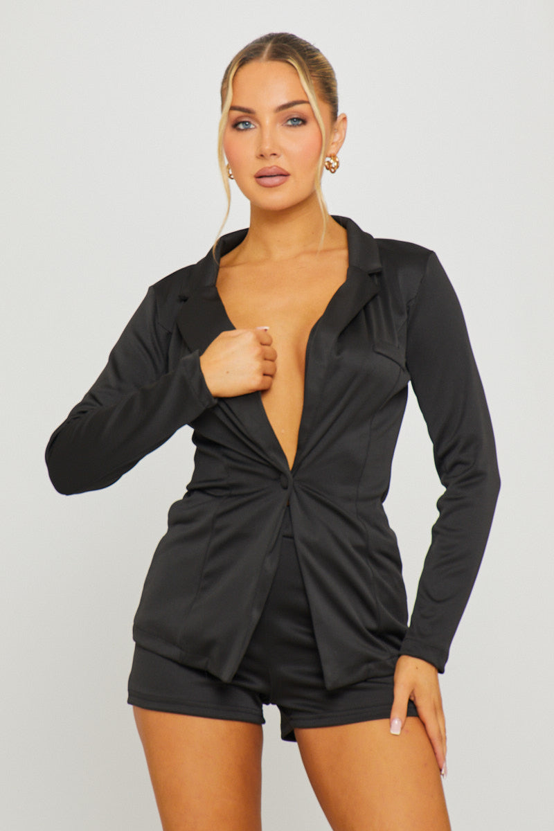 Women's Black Long Sleeve Plunge Blazer & Shorts Set - Carters Outlets