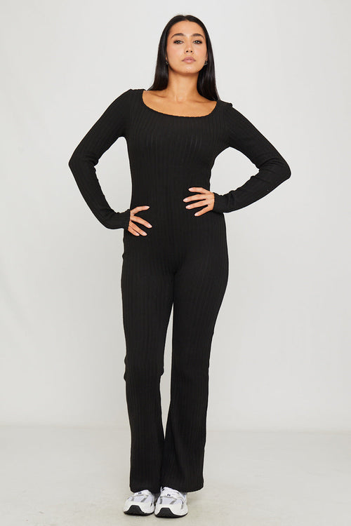 Women's Black Rib Knit Long Sleeve Square Neck Jumpsuit - Carters Outlets