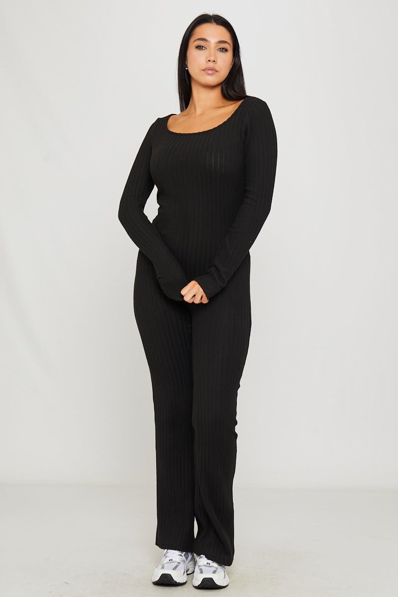Women's Black Rib Knit Long Sleeve Square Neck Jumpsuit - Carters Outlets