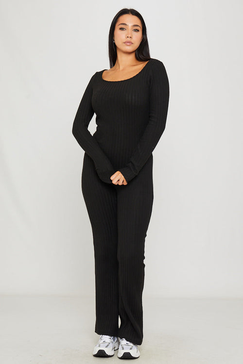 Women's Black Rib Knit Long Sleeve Square Neck Jumpsuit - Carters Outlets