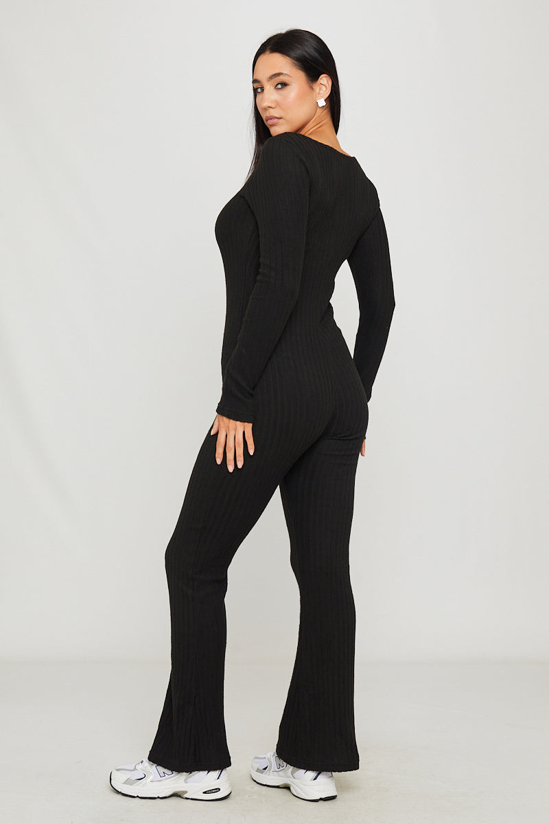 Women's Black Rib Knit Long Sleeve Square Neck Jumpsuit - Carters Outlets