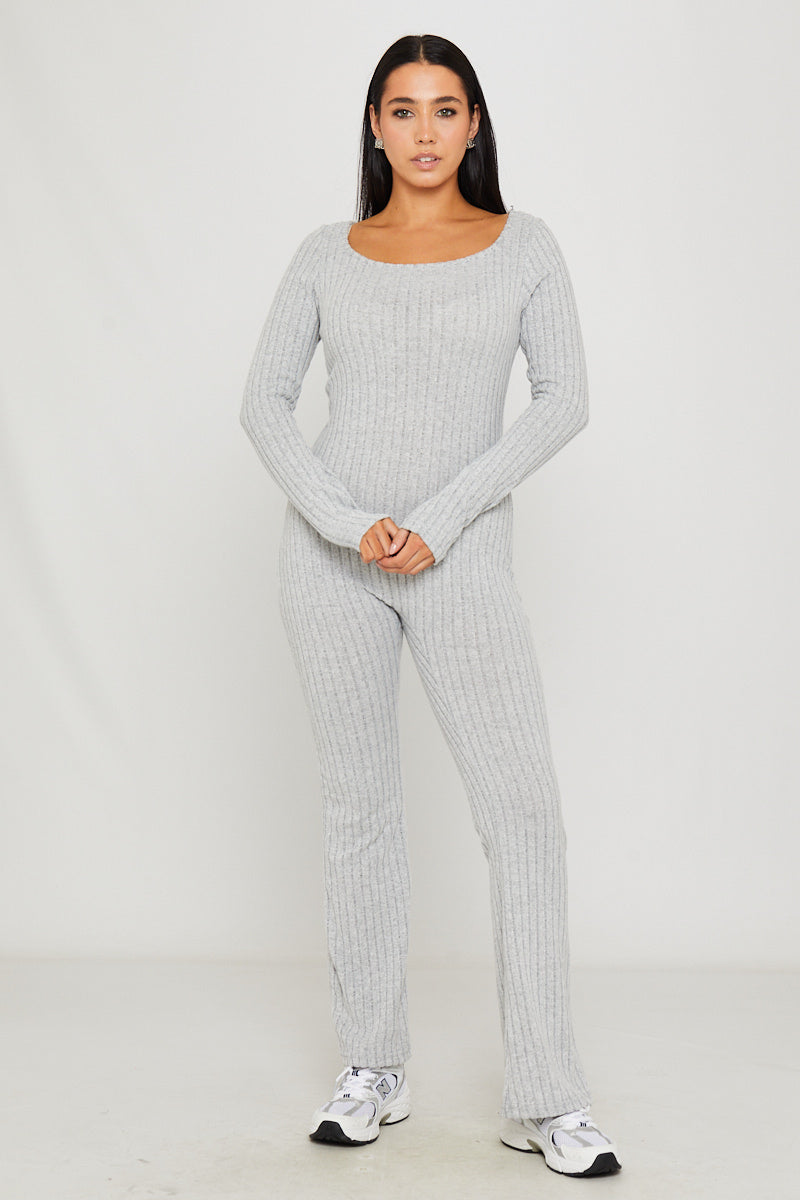 Women's Light Grey Rib Knit Long Sleeve Square Neck Jumpsuit - Carters Outlets