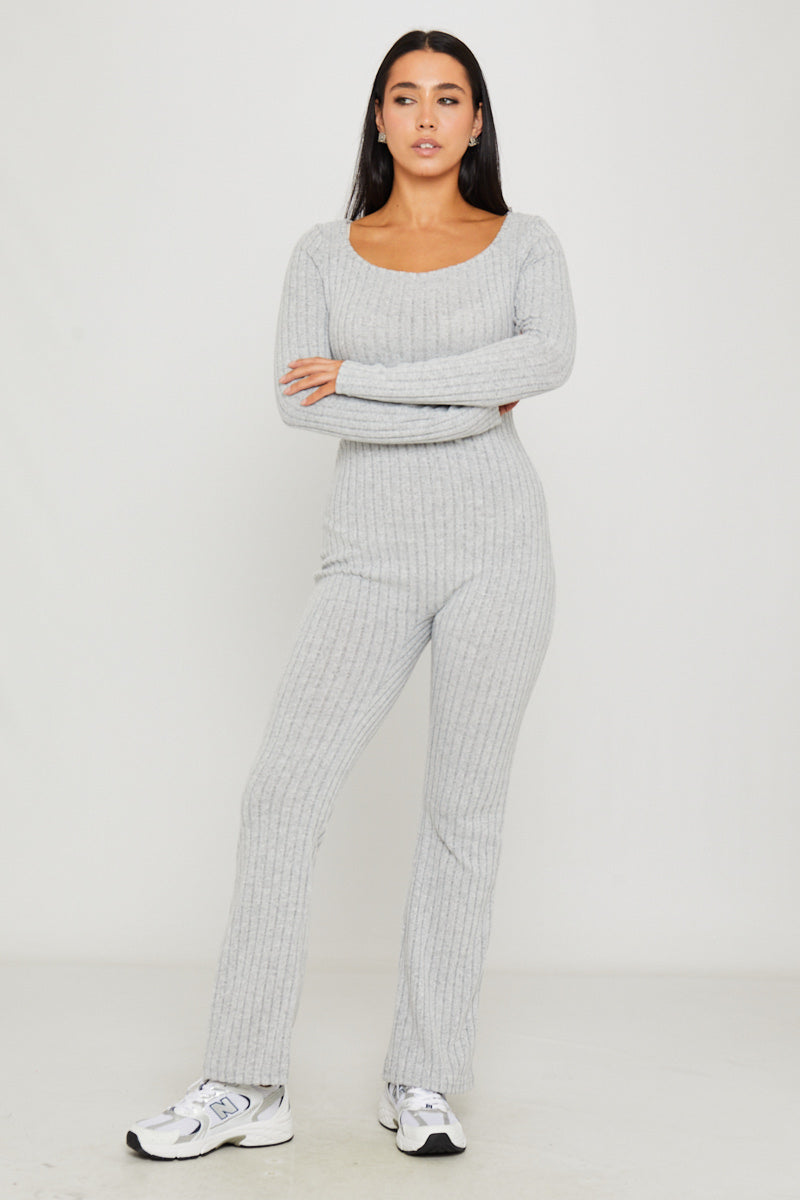 Women's Light Grey Rib Knit Long Sleeve Square Neck Jumpsuit - Carters Outlets