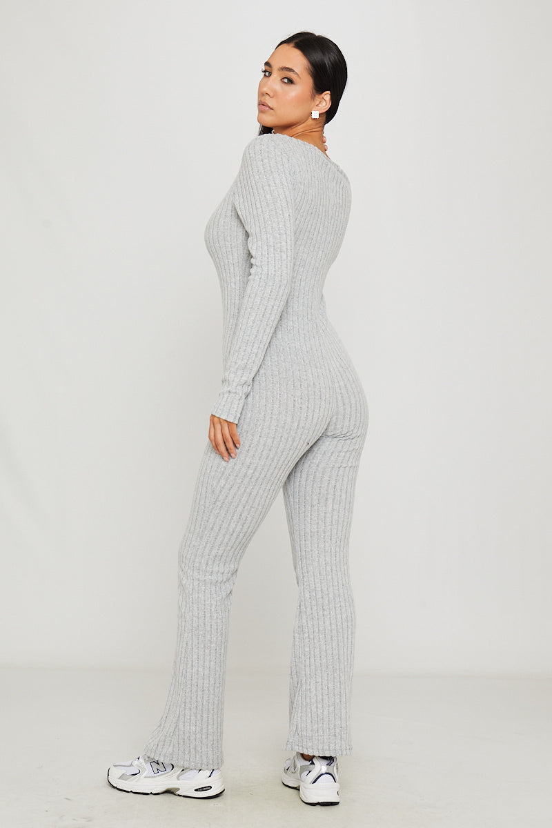 Women's Light Grey Rib Knit Long Sleeve Square Neck Jumpsuit - Carters Outlets